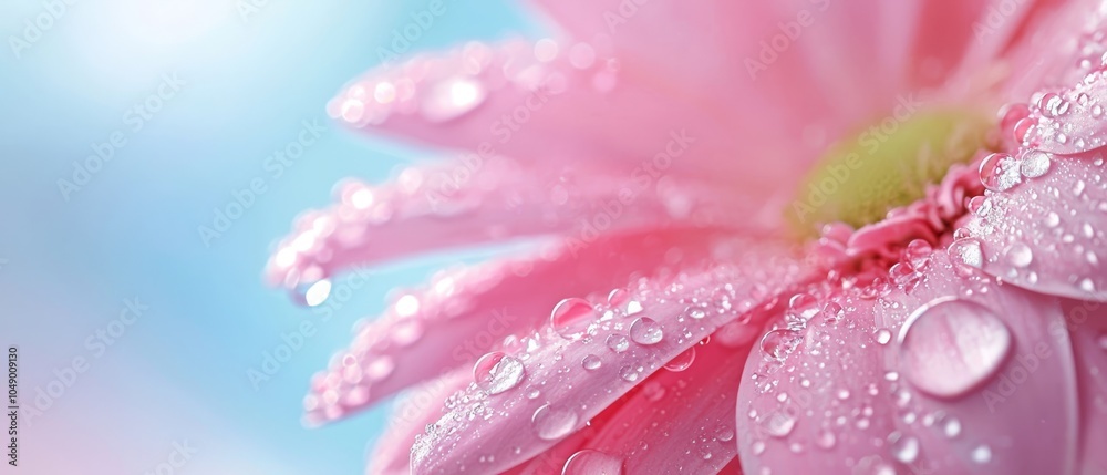 Close-up of a pink flower with water droplets on its petals and a blue sky in the background Close-up of a pink flower with water droplets on its petals and a blue sky in the background