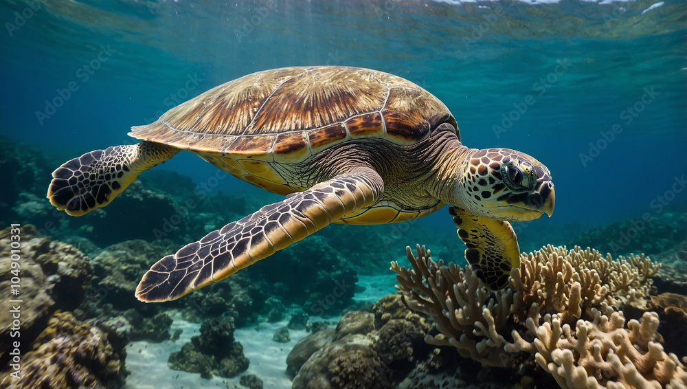 Fototapeta premium A sea turtle swims over a coral reef, surrounded by fish.