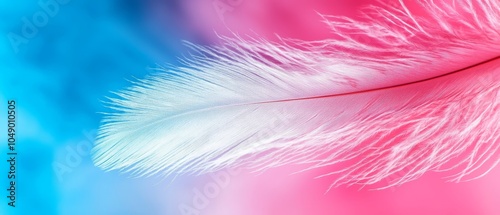  A white feather, closely framed, against a pastel backdrop of pink, blue, and pink; a blurred, dreamlike sky recedes in the distance photo