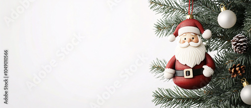 Festive Christmas Ornament Featuring Santa Claus on Pine Tree Branch, Festive Christmas Ornament Featuring Santa Claus on Pine Tree Br