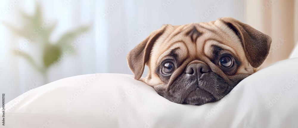 Obraz premium A tight shot of a pug resting on a bed, its head atop a pillow In the backdrop, a plant adds a touch of nature
