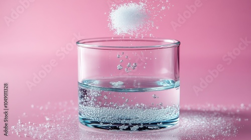 Effervescent Tablet Dropping into Glass of Water Against Pink Background Creating Bubbles and Splash - Hydration Concept with Soluble Medicine in Action photo