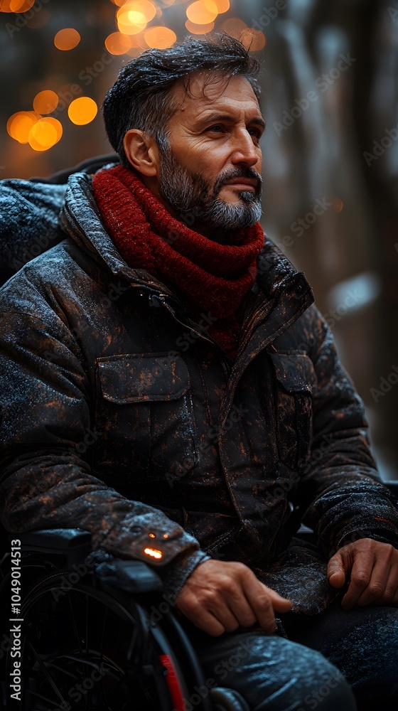 Obraz premium Thoughtful man in wheelchair with winter backdrop