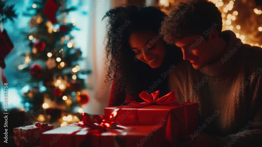 Festive holiday atmosphere with couple wrapping christmas presents by the tree Festive holiday atmosphere with couple wrapping christmas presents by the tree