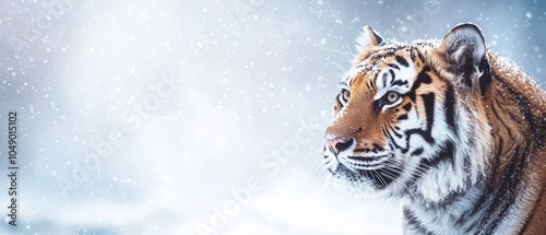  A tight shot of a tiger in the snow, head turned sideways, eyes fixated