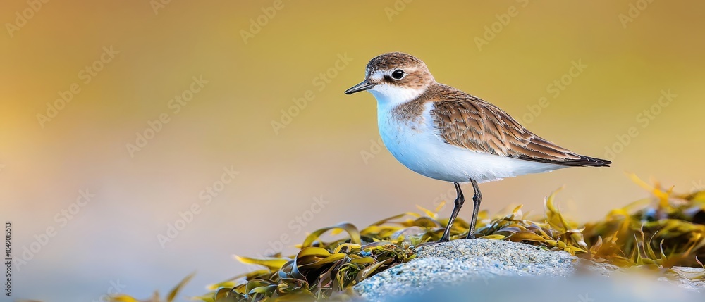 A small brown-and-white bird perches atop a verdant patch of grass beside a body of water A small brown-and-white bird perches atop a verdant patch of grass beside a body of water