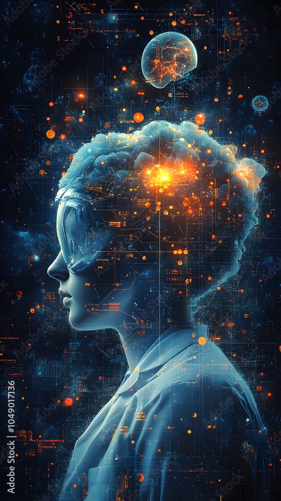 Obraz premium Futuristic Scientist with Digital Brain and Universe