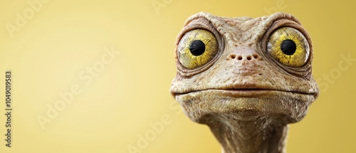  A tight shot of an unusual creature with large, yellow eyes and a froming face photo