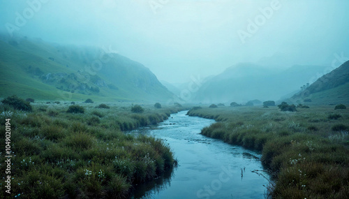 Winding River Through Lush Landscape with Green Hills and Wildflowers