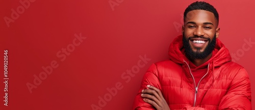  A man with a beard wears a red jacket in front of a red wall