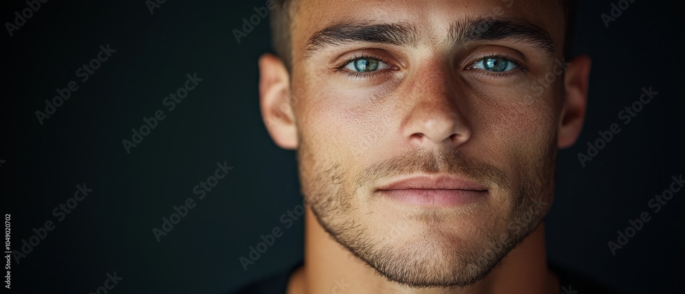 Fototapeta premium A man's face in tight focus, serious expression Black backdrop