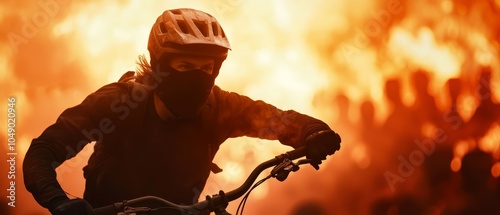  A man in a helmet rides a bike before a fiery skybackdrop photo