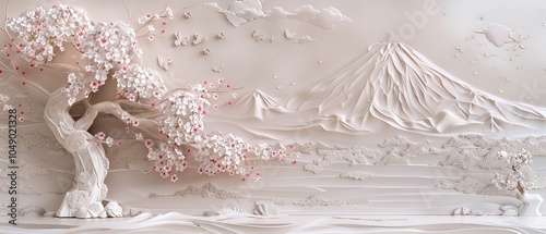 A beautiful mural wallpaper showcasing a picturesque sakura tree and a mountain rendered in 3D