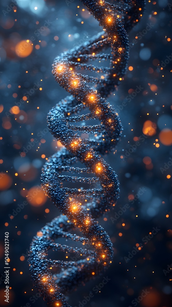 Obraz premium Glowing DNA Strand with Abstract Bokeh Background