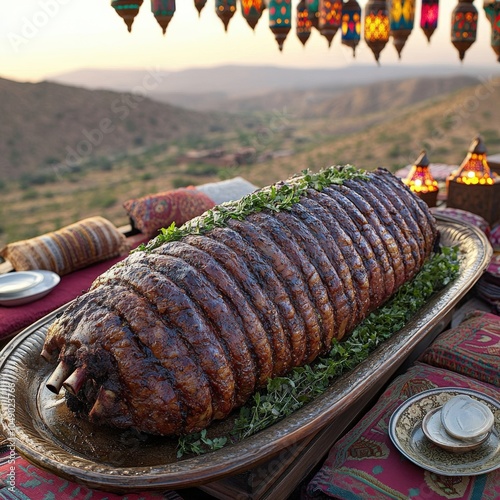 Authentic Middle Eastern Feast on Terrace: Grilled Meat Delicacy, Traditional Decor, Scenic Mountain View, Vibrant Lanterns, Plush Cushions, Exotic Cuisine photo