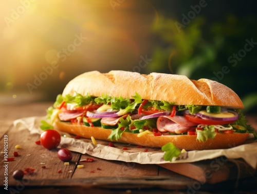 Fresh baguette sandwich with ham, lettuce, tomatoes, onions, and assorted vegetables, served on rustic paper with warm sunlight, capturing a flavorful and hearty meal