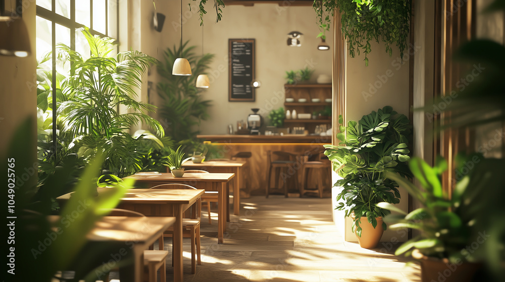 Cozy cafe interior with wooden tables, lush potted plants on the sides, soft daylight filtering in, warm earthy tones, high-resolution Cozy cafe interior with wooden tables, lush potted plants on the sides, soft daylight filtering in, warm earthy tones, high-resolution