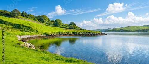  A large body of water is surrounded by a lush green hillside on both sides