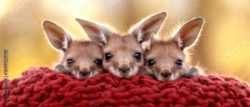  Two tiny kangaroo joeys poke their heads from behind a red knitted blanket, against a blurred backdrop