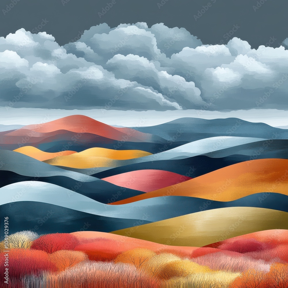 Fototapeta premium Colorful Abstract Landscape Art: Surreal Hills, Vibrant Red, Yellow, Blue, and Orange Fields, Overcast Skies, Dreamlike Scenery, Cloudy Horizon, Modern Design