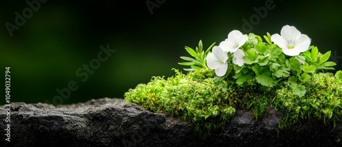  A collection of white blooms atop a verdant moss expanse, adorned with lichen and mossy vegetation