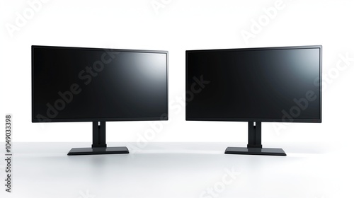 Pc displays mockups in abstract workplace. Modern computer technology usage in office template advertising image. Double monitor mock ups web designer workspace product photorealistic