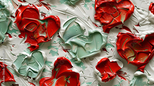 abstract heart art, close-up of justin gaffreys heart pattern with light green and red hearts on a white background showcasing noticeable unevenness photo