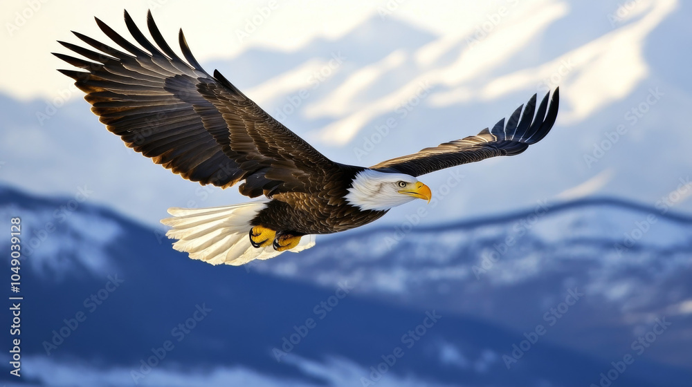 Naklejka premium A majestic bald eagle soaring above a mountain range