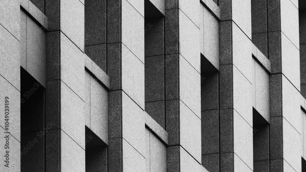 Black and white architectural facade with geometric repeating windows, minimalist design, structured concrete textures, close-up view of modern building exterior, abstract urban design