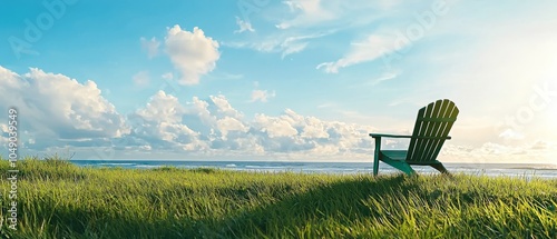  A green lawn chair atop a lush, green field adjacent to the ocean under a blue, cloud-specked sky