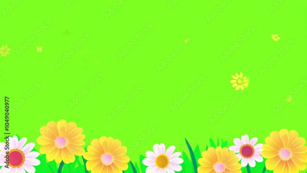 Colorful spring flowers on green screen. orange pink daisies. Floral frame animation on green screen. Floral frame animation with key color. Women's day, Valentine's Day, and Wedding day frame