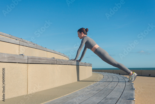 sporty woman doing a plank, push up exercise on a bench