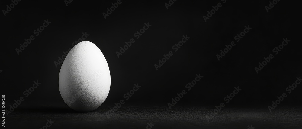 A single white egg sits in the darkness of a room, framed by empty space in the middle A single white egg sits in the darkness of a room, framed by empty space in the middle