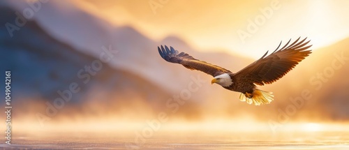Wallpaper Mural  A bald eagle soars above a body of water, with a mountain range visible in the background Torontodigital.ca
