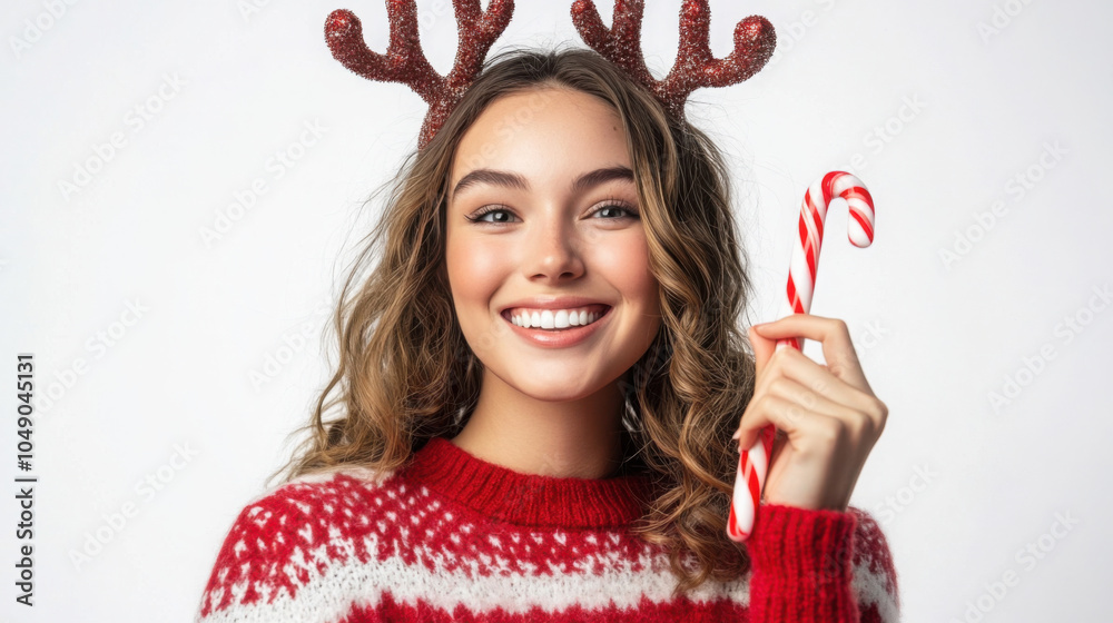 Festive holiday portrait of woman in christmas sweater and reindeer antlers holding candy cane Festive holiday portrait of woman in christmas sweater and reindeer antlers holding candy cane