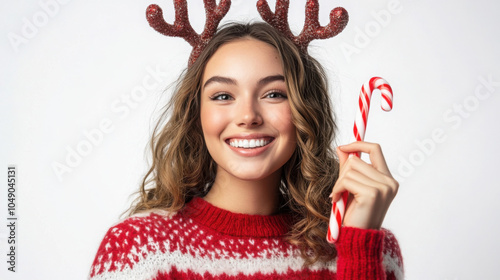 Festive holiday portrait of woman in christmas sweater and reindeer antlers holding candy cane photo