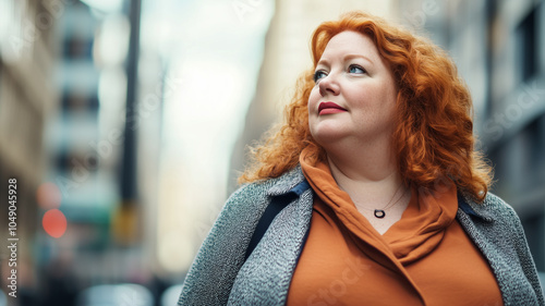 Portrait of an obese ginger woman walking in a city street. Plus size ginger woman walking in the street in a big city. Body inclusive theme, acceptance theme. photo