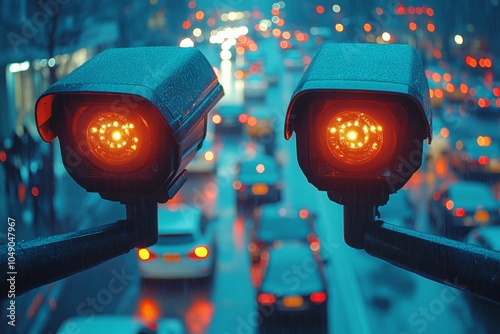 CCTV cameras over the road with cars. Photo recording, traffic rules, road, speed photo