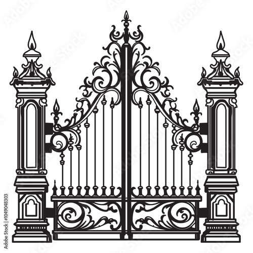 ANTIQUE METAL GATE. Black on white sketch of wrought iron bi-fold garden doors. Church gate with scrolls and leaves.