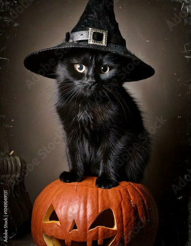 Gato Preto com Chapéu de Bruxa sobre Abóbora Halloween photo