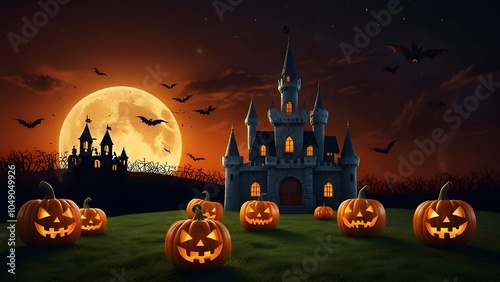 Halloween background with pumpkins and castle, 3d render illustration
