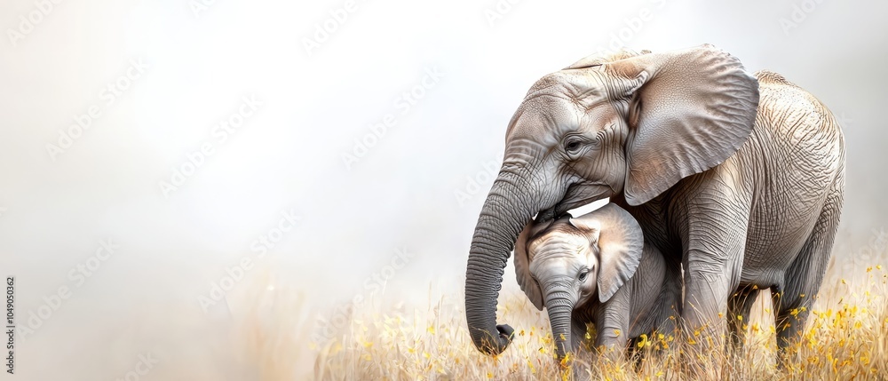 Fototapeta premium An adult elephant and a baby elephant stand in a field of tall grass, adorned with yellow flowers in the foreground