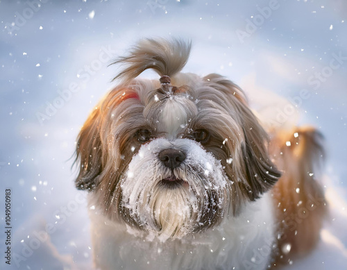 Chien Lhassa Apso joue dans la neige fraîchement tombée photo