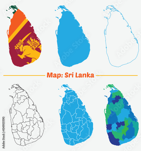 Sri Lanka Map set. blue map of sri lanka with high detailed region and stroke outline map.