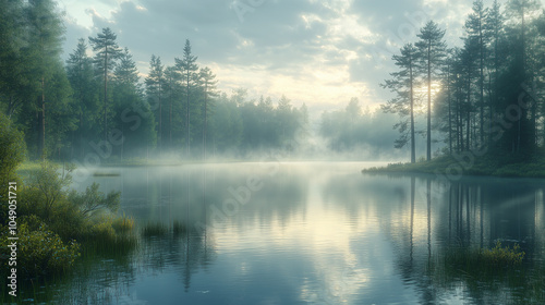 Calm lake with mist rising in the early morning: A tranquil lake surrounded by tall trees, with a light mist rising from the water in the early morning. The glassy lake surface ref