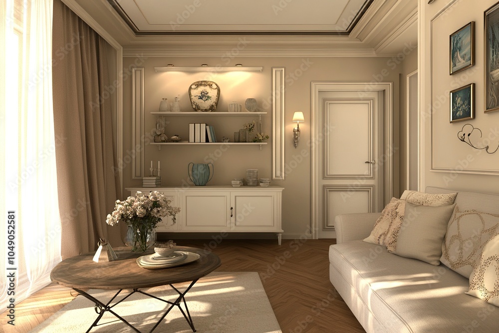 Bright interior living room of the house with soft place and dining zone, sofa with coffee table and shelves with decoration, hardwood floor. Invisible door and stand with vases. generative ai Bright interior living room of the house with soft place and dining zone, sofa with coffee table and shelves with decoration, hardwood floor. Invisible door and stand with vases. generative ai
