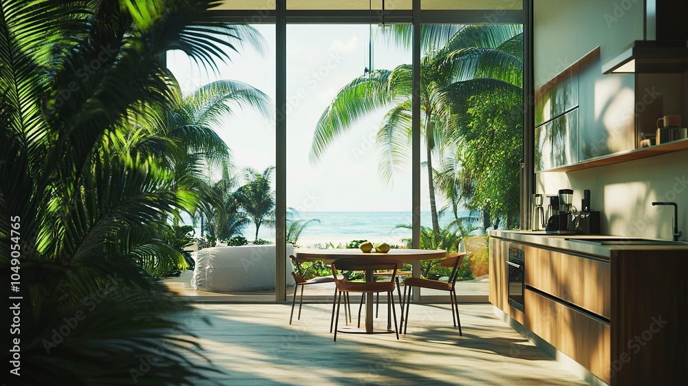 Fototapeta premium Corner view of home kitchen interior with eating table and chairs. Cooking cabinet and dining space in modern apartment. Panoramic window on tropics. generative ai