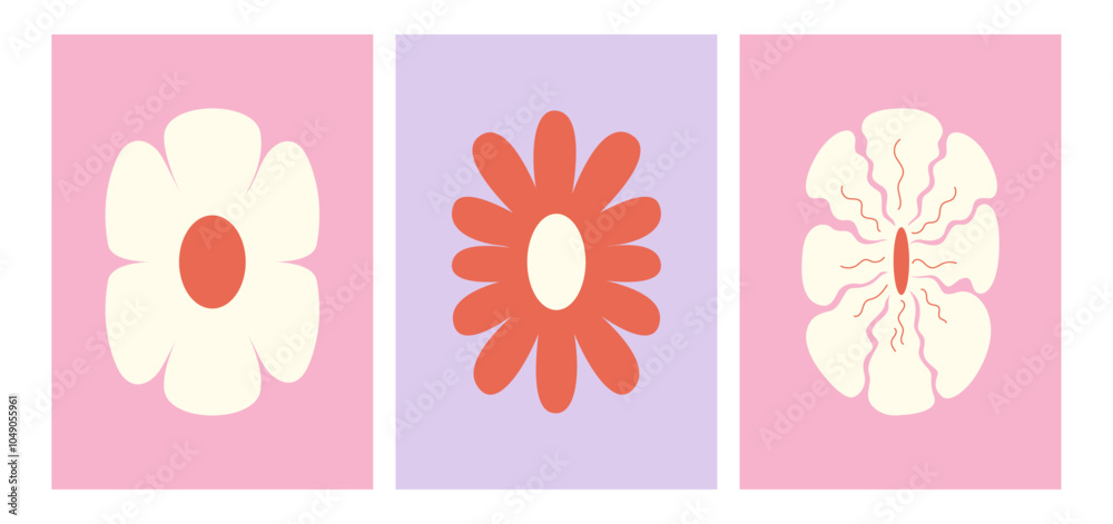 Set of abstract geometric flowers. Retro groovy floral posters. Vector flat illustration Set of abstract geometric flowers. Retro groovy floral posters. Vector flat illustration