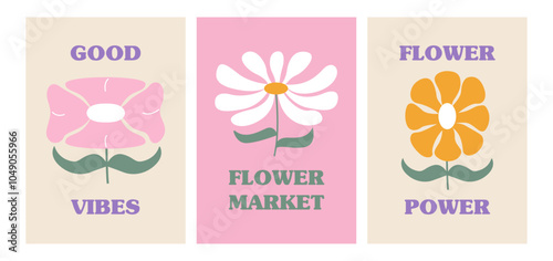 Set of floral posters in retro groovy style. Vector flat illustrations with abstract naive flowers and text. Botanical funky modern art