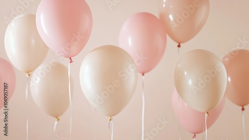 Pale pink and cream balloons float in light background